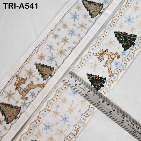 Embroidered Ribbon, Reindeer Holiday Trim Border | Viscose Fabric | 3 inches Wide, White, 1 Meter