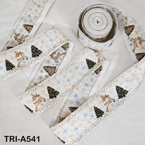 Embroidered Ribbon, Reindeer Holiday Trim Border | Viscose Fabric | 3 inches Wide, White, 1 Meter