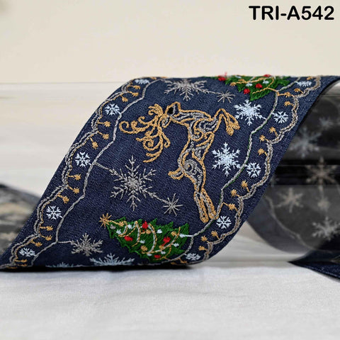 Embroidered Ribbon, Reindeer Holiday Trim Border | Denim Fabric | 3 inches Wide, Navy Blue, 1 Meter