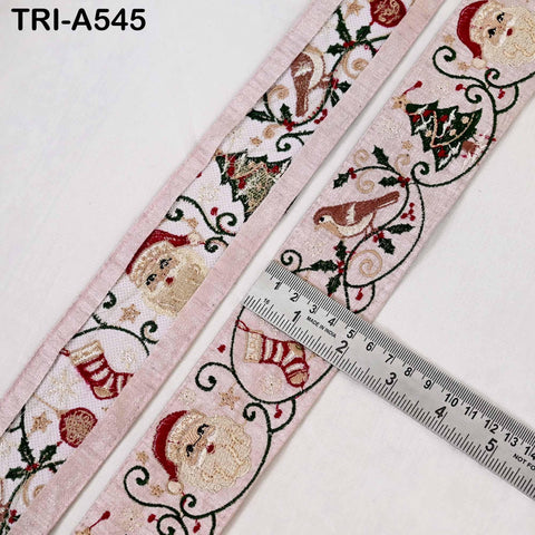 Embroidered Santa Claus Trim, Viscose Fabric Border, 5cm Wide Pale Pink (1 Meter)