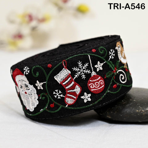 Embroidered Santa Claus Trim, Viscose Fabric Border, 5cm Wide Black (1 Meter)