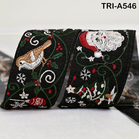 Embroidered Santa Claus Trim, Viscose Fabric Border, 5cm Wide Black (1 Meter)