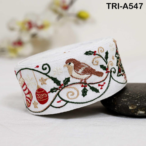 Embroidered Santa Claus Trim, Viscose Fabric Border, 5cm Wide White (1 Meter)