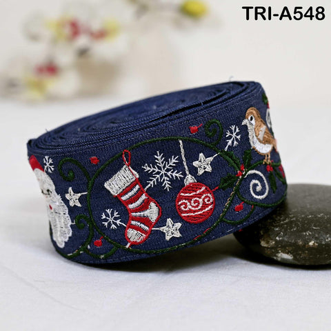Embroidered Santa Claus Trim, Denim Fabric Border, 5cm Wide Navy Blue (1 Meter)