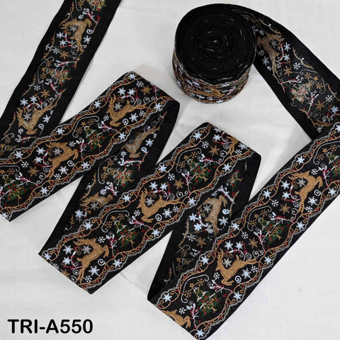 Embroidered Ribbon, Reindeer Holiday Trim Border | Viscose Fabric | 3 inches Wide, Black, 1 Meter