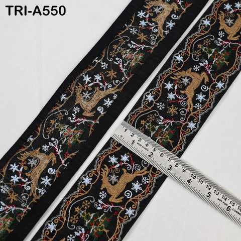 Embroidered Ribbon, Reindeer Holiday Trim Border | Viscose Fabric | 3 inches Wide, Black, 1 Meter