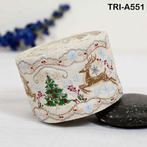Embroidered Ribbon, Reindeer Holiday Trim Border | Viscose Fabric | 3 inches Wide, Ivory, 1 Meter