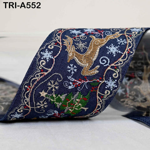 Embroidered Ribbon, Reindeer Holiday Trim Border | Denim Fabric | 3 inches Wide, Navy Blue, 1 Meter