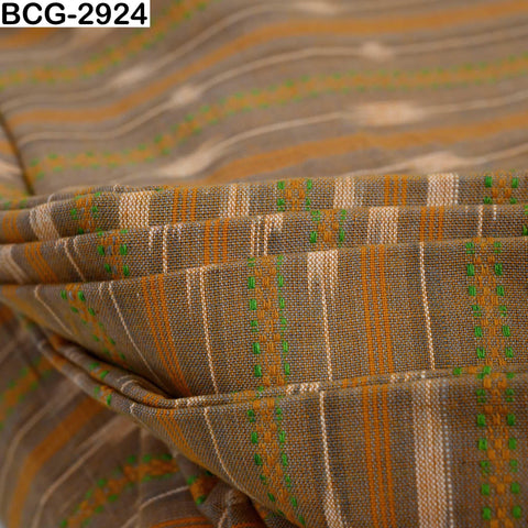 Indian Handloom Ikat Cotton Fabric: Biscuit Brown, Marigold Yellow, Green (1 Yard)