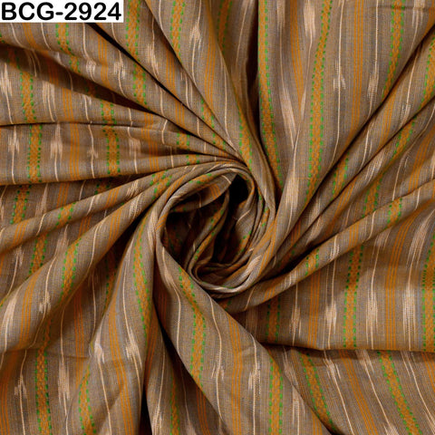 Indian Handloom Ikat Cotton Fabric: Biscuit Brown, Marigold Yellow, Green (1 Yard)