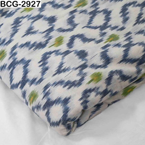 Blue Green Ikat Cotton Fabric, Handloom Dress Material Yardage (1 Yard)
