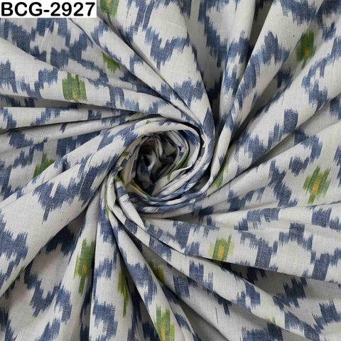 Blue Green Ikat Cotton Fabric, Handloom Dress Material Yardage (1 Yard)