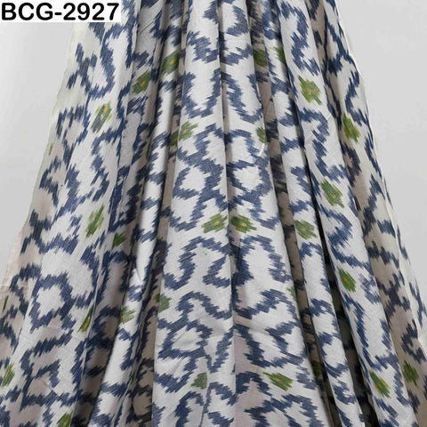 Blue Green Ikat Cotton Fabric, Handloom Dress Material Yardage (1 Yard)
