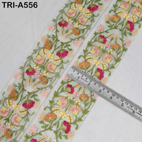 1 Meter Embroidered Tulle Trim: Floral Sari Border, Wedding Decor (7.5cm)