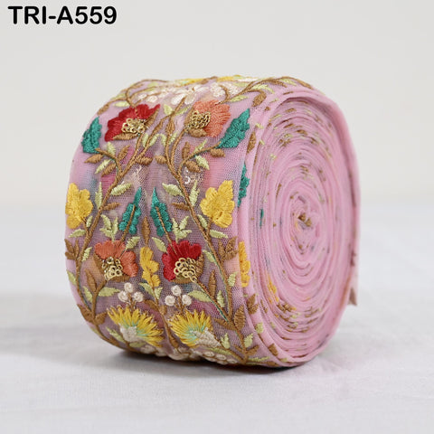 1 Meter Indian Embroidered Tulle Trim: Floral Sari Border (7.5cm)