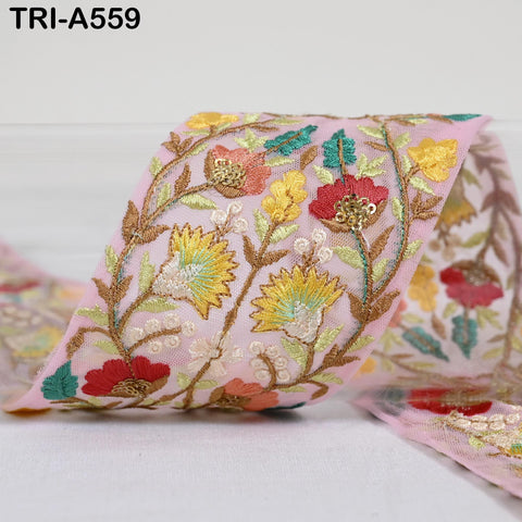 1 Meter Indian Embroidered Tulle Trim: Floral Sari Border (7.5cm)