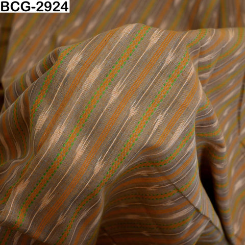 Indian Handloom Ikat Cotton Fabric: Biscuit Brown, Marigold Yellow, Green (1 Yard)