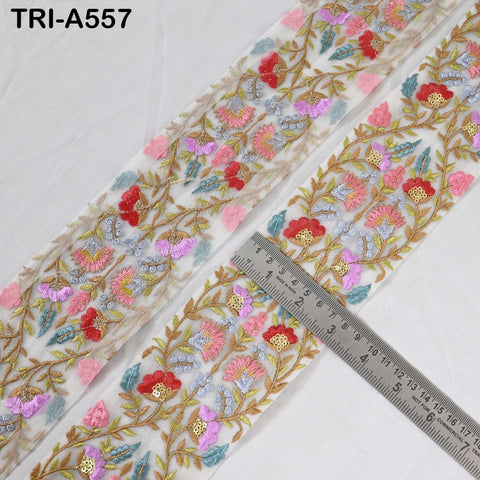 1 Meter Indian 7.5cm Embroidery Fabric Trim Decorative Saree Embellishments DIY Crafting Sewing Curtains Sari Border Embroidered Ribbons