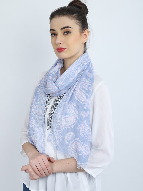 Sky blue color decorated paisley printed scarfs by 1 pieces online beautiful handmade fashion accessory scarves indian polyester designer stoles christmas birthday bohemian long scarf evening stole wrap for summer