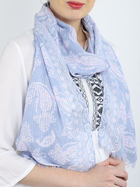 Sky blue color decorated paisley printed scarfs by 1 pieces online beautiful handmade fashion accessory scarves indian polyester designer stoles christmas birthday bohemian long scarf evening stole wrap for summer