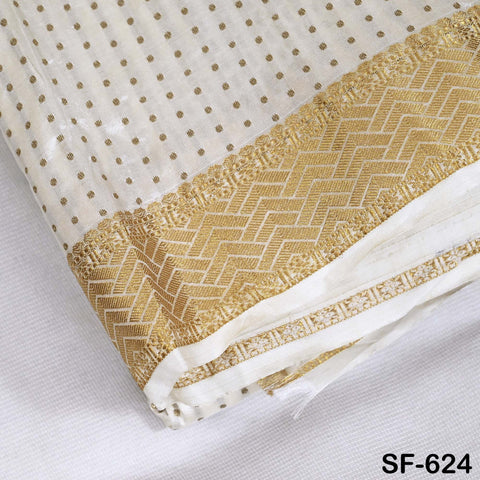 Pure Silk Brocade Fabric by Yard, Ivory Gold Zari Border, Wedding Costume Home Decor