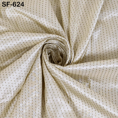 Pure Silk Brocade Fabric by Yard, Ivory Gold Zari Border, Wedding Costume Home Decor