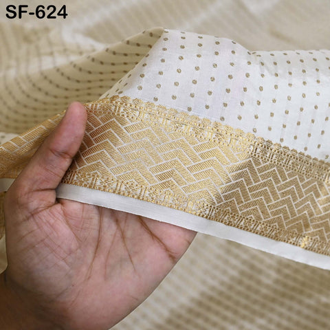Pure Silk Brocade Fabric by Yard, Ivory Gold Zari Border, Wedding Costume Home Decor