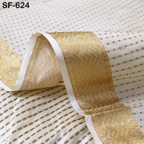 Pure Silk Brocade Fabric by Yard, Ivory Gold Zari Border, Wedding Costume Home Decor