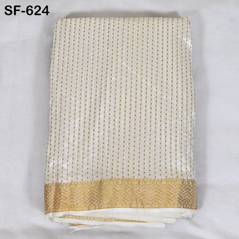 Pure Silk Brocade Fabric by Yard, Ivory Gold Zari Border, Wedding Costume Home Decor