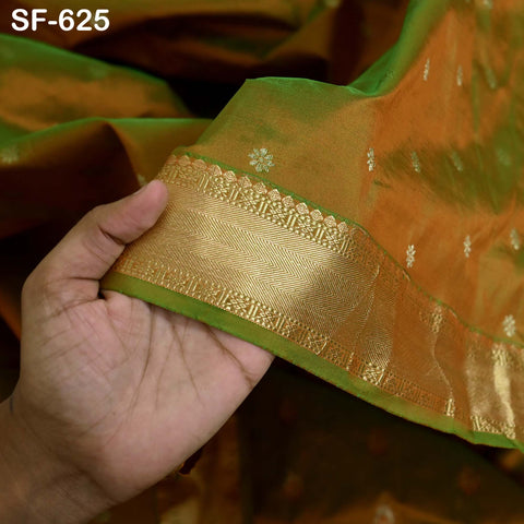 Pure Silk Brocade Fabric by Yard, Two-Tone Gold Zari Border, Wedding Costume Home Decor