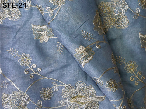 Powder Blue Pure Tussar Silk Embroidered Fabric Indian Embroidery Raw Silk Wild Natural Handmade Fabric Peace Silk Tussah Dress Material