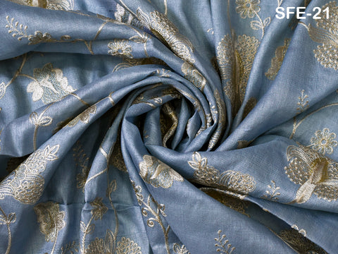 Powder Blue Pure Tussar Silk Embroidered Fabric Indian Embroidery Raw Silk Wild Natural Handmade Fabric Peace Silk Tussah Dress Material