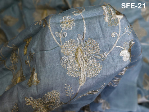 Powder Blue Pure Tussar Silk Embroidered Fabric Indian Embroidery Raw Silk Wild Natural Handmade Fabric Peace Silk Tussah Dress Material