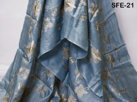 Powder Blue Pure Tussar Silk Embroidered Fabric Indian Embroidery Raw Silk Wild Natural Handmade Fabric Peace Silk Tussah Dress Material