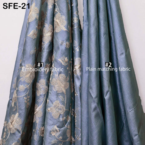 Powder Blue Pure Tussar Silk Embroidered Fabric Indian Embroidery Raw Silk Wild Natural Handmade Fabric Peace Silk Tussah Dress Material