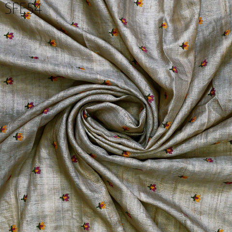 Pure Tussar Silk Embroidered Fabric by the yard Indian Embroidery Raw Silk Wild Natural Handmade Fabric Peace Silk Tussah Dress Material