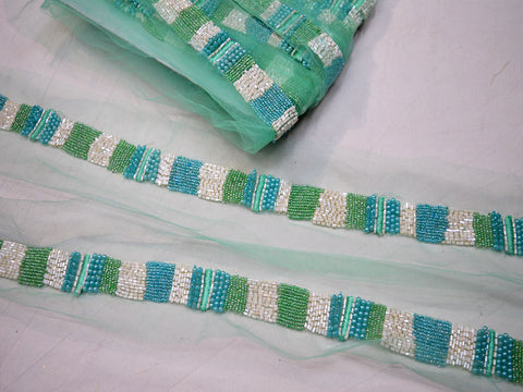 Decorative sea green beaded trim by yard exclusive saree trimmings wedding dress fabric sewing Indian accessories crafting ribbon home décor party wear gown border cushions table runner tape