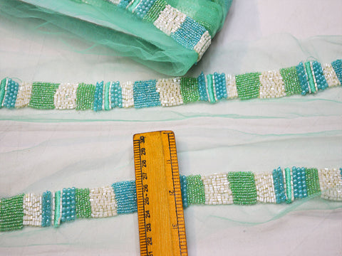 Decorative sea green beaded trim by yard exclusive saree trimmings wedding dress fabric sewing Indian accessories crafting ribbon home décor party wear gown border cushions table runner tape