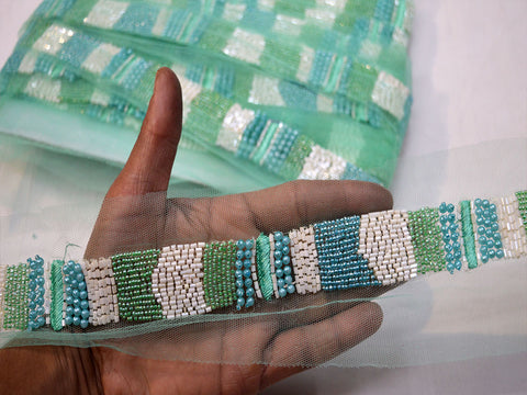Decorative sea green beaded trim by yard exclusive saree trimmings wedding dress fabric sewing Indian accessories crafting ribbon home décor party wear gown border cushions table runner tape