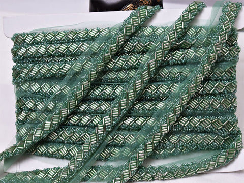 3. 5 Yards Exclusive Trims | Green Glass Beaded Lace Bridal Belt Sashes Wedding Dress Tapes Ribbon Decorative Crafting Sewing Sari Border