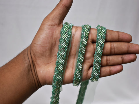 3. 5 Yards Exclusive Trims | Green Glass Beaded Lace Bridal Belt Sashes Wedding Dress Tapes Ribbon Decorative Crafting Sewing Sari Border