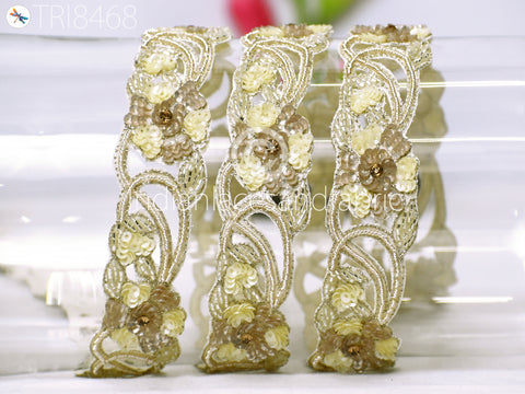 Handmade Sequin Zardozi Trim By 3 Yard Wedding Dresses Costumes Indian Floral Sari Border DIY Crafting Saree Ribbon Zari Laces Trimming