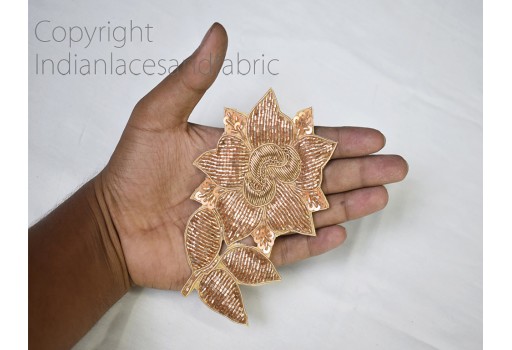 1 Pairs Indian Rose Gold Floral Sewing Handcrafted Patches Appliques Decorative Embroidered Handmade Crafting Christmas Decor Beaded Patch