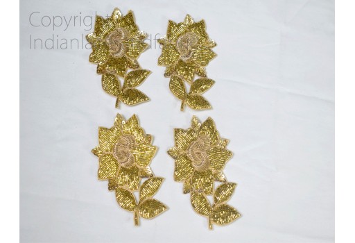 1 Pair Indian Gold Floral Handcrafted Sew Patches Appliques Decorative Embroidered Handmade Crafting Christmas Decor Beaded Patch