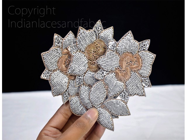 5 pieces Indian grey gold floral sewing handcrafted appliqué decorative embroidered handmade crafting Christmas home decor garment accessories patch party wears gown appliqués