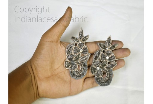 2 pair gun powder grey floral beaded floral Indian patches dresses bugle beads accessories home décor patches for gown embroidered appliqué decorative sewing diy crafting supply