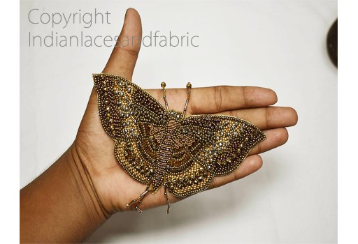 1 Piece Indian Antique Golden Handmade Butterfly Beaded Patches Sewing Decorative Thread Applique Dresses DIY Crafting Home Decor Cushions