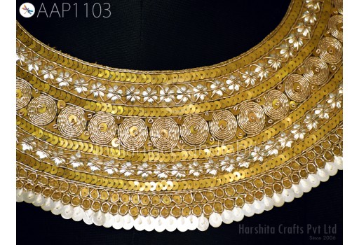 Indian Handcrafted Gold Sequins Neckline Decorative Neck Patches Embroidered Appliques Wedding Dress Costume Collar Sewing Crafting Clothing