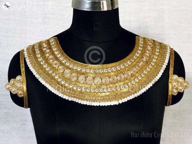 Indian Handcrafted Gold Sequins Neckline Decorative Neck Patches Embroidered Appliques Wedding Dress Costume Collar Sewing Crafting Clothing