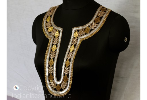 Indian Decorative Exclusive Metallic Thread Neckline Patches Handcrafted Sequin Zardozi Gold Wedding Dresses Neck Embroidery DIY Crafting Applique